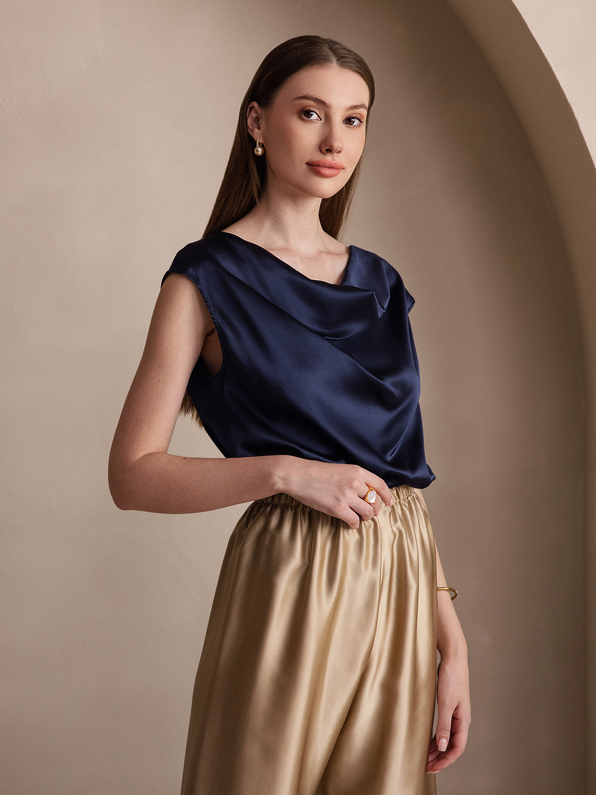 [Dark Blue] SilkSilky-AU 19Momme Silk Sleeveless Cowl Neck Women's T-Shirt 005