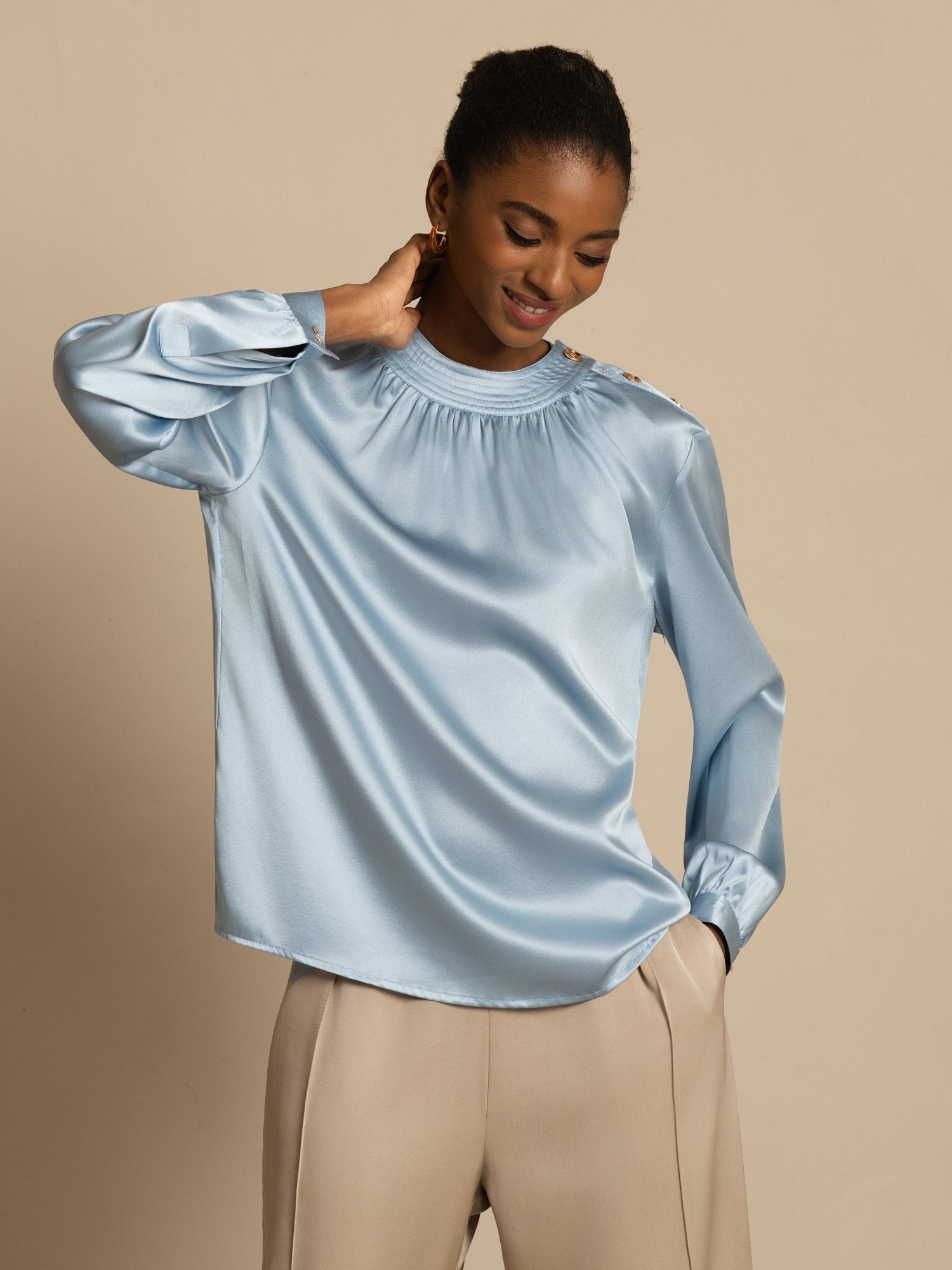 [Grayish Blue] SilkSilky-AU 19Momme Stretch Silk Charmeuse Long Sleeve Round Neck Blouse 001