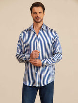 [Navy Stripe] SilkSilky-AU 19Momme Stretch Silk Charmeuse Long Sleeve Lapel Collar Men's Shirt 003