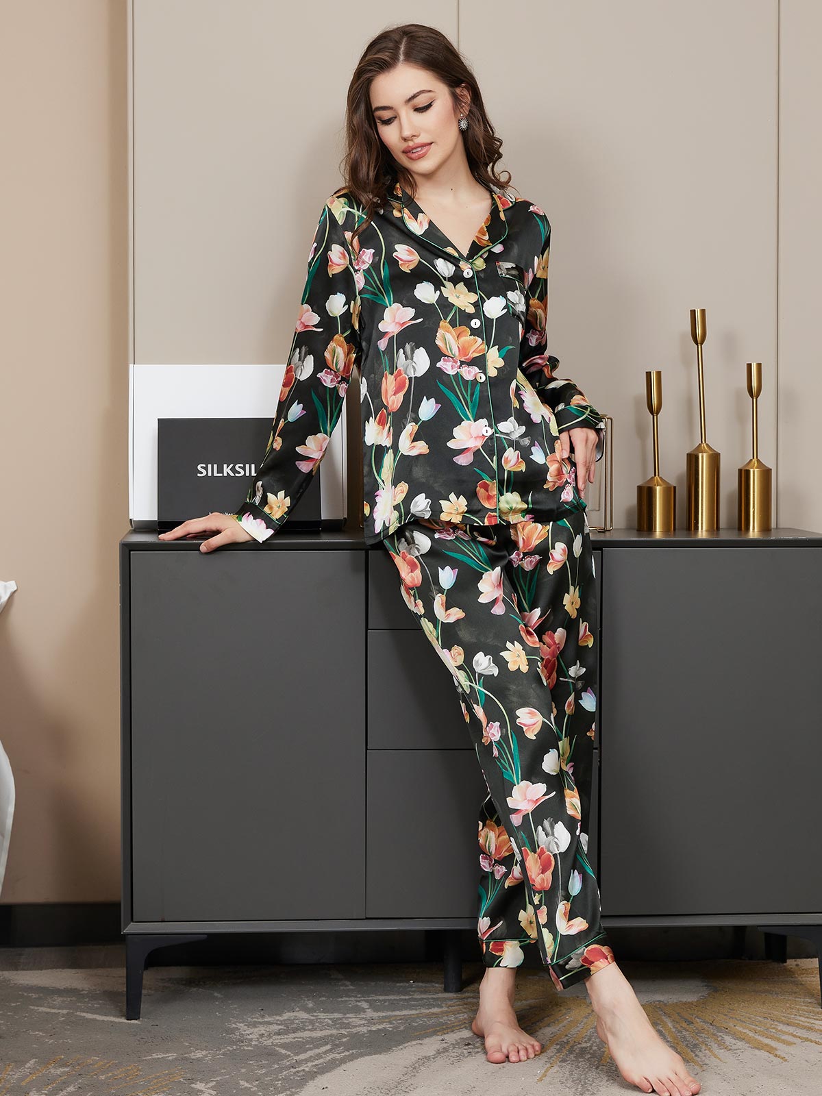 SilkSilky AU Pure Silk Long Sleeve Lapel Women's Pyjamas Black 002