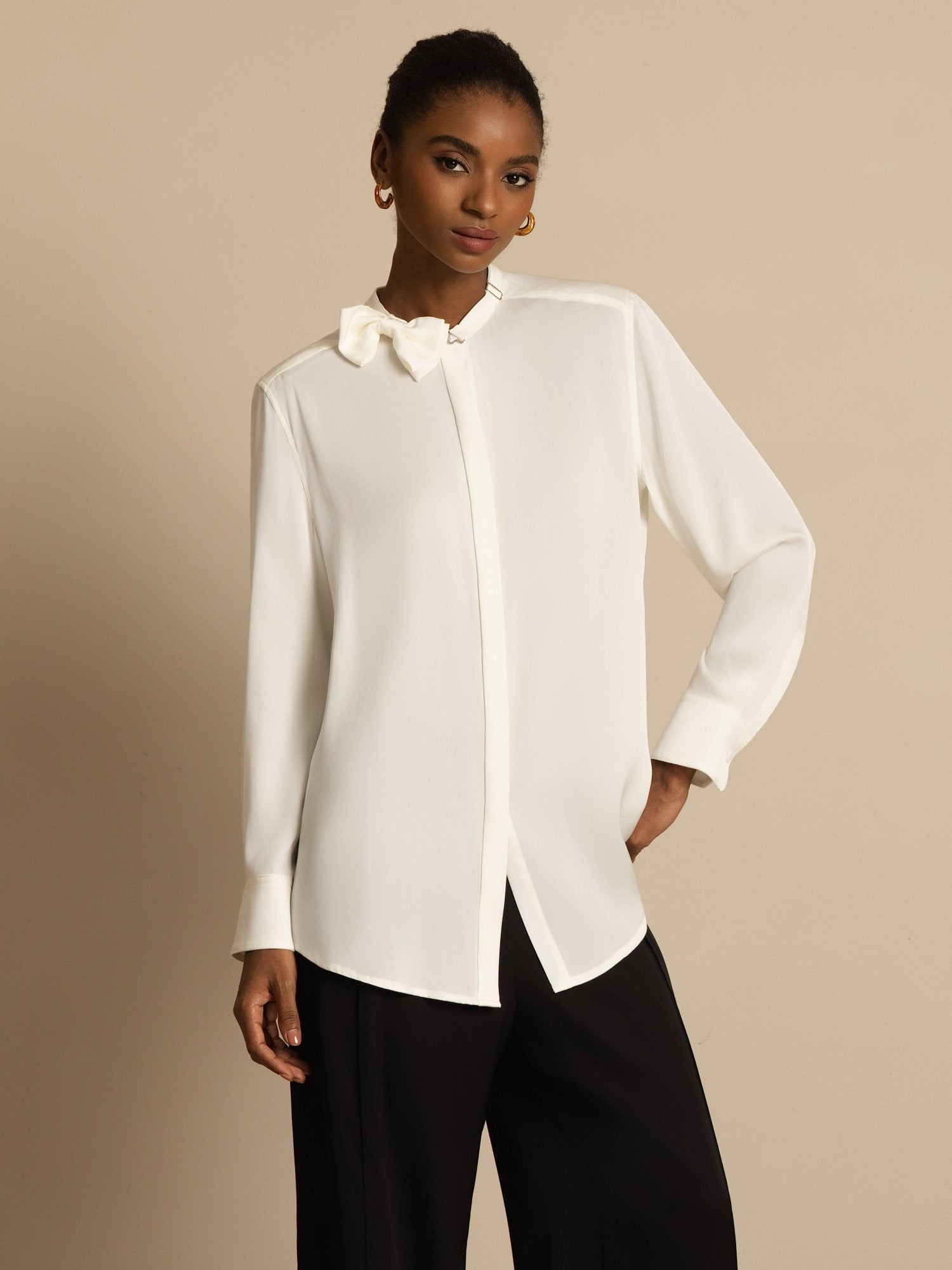 [White] SilkSilky-AU 19Momme Stretch Silk Double Georgette Long Sleeve Stand Collar Blouse 004