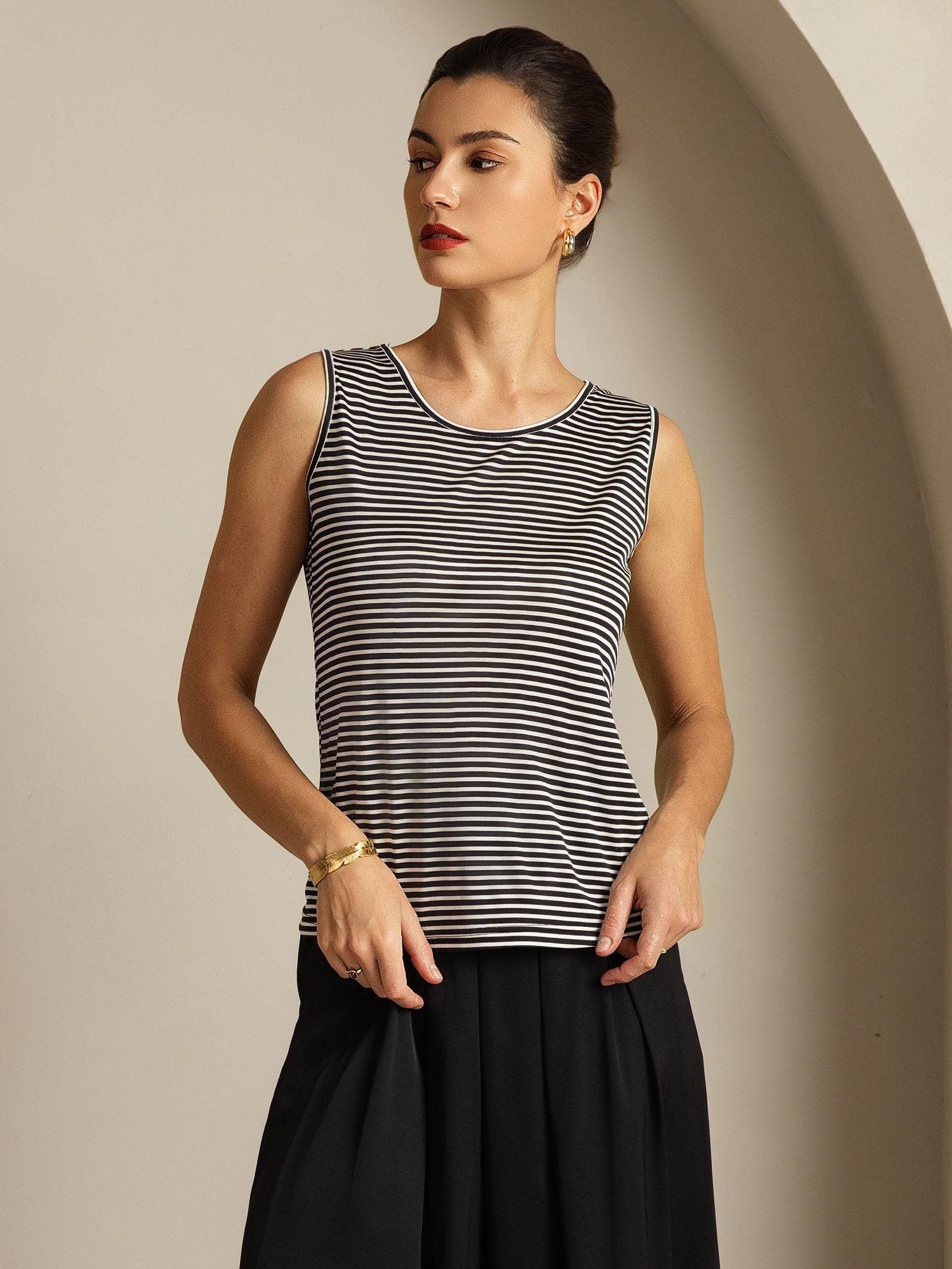 [White Stripe] SilkSilky-AU Pure Silk Sleeveless Round Neck Camisole 005