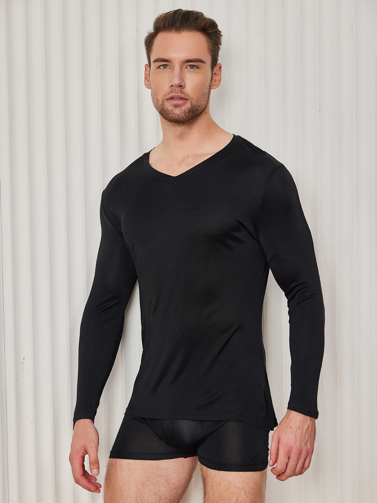 SilkSilky AU Silk Knitted Long Sleeve V Neck Men's T Shirt Black 004