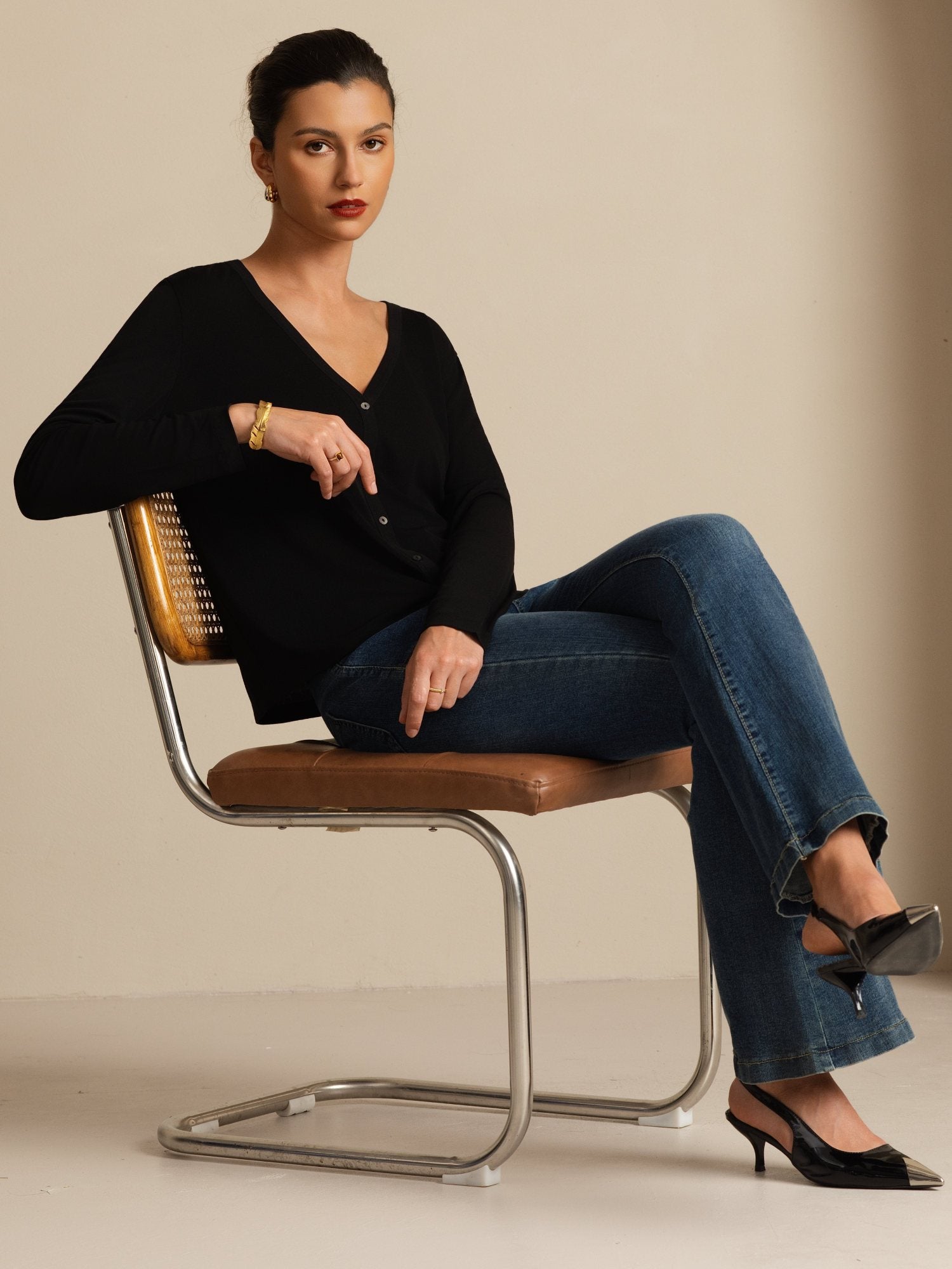 [Black] SilkSilky-AU 19Momme 100% High-Twist Silk Jersey Long Sleeve V Neck Women's Cardigan 007