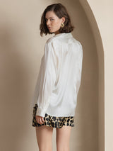 [White] SilkSilky-AU 19Momme Stretch Silk Charmeuse Long Sleeve Lapel Collar Women's Shirt 002