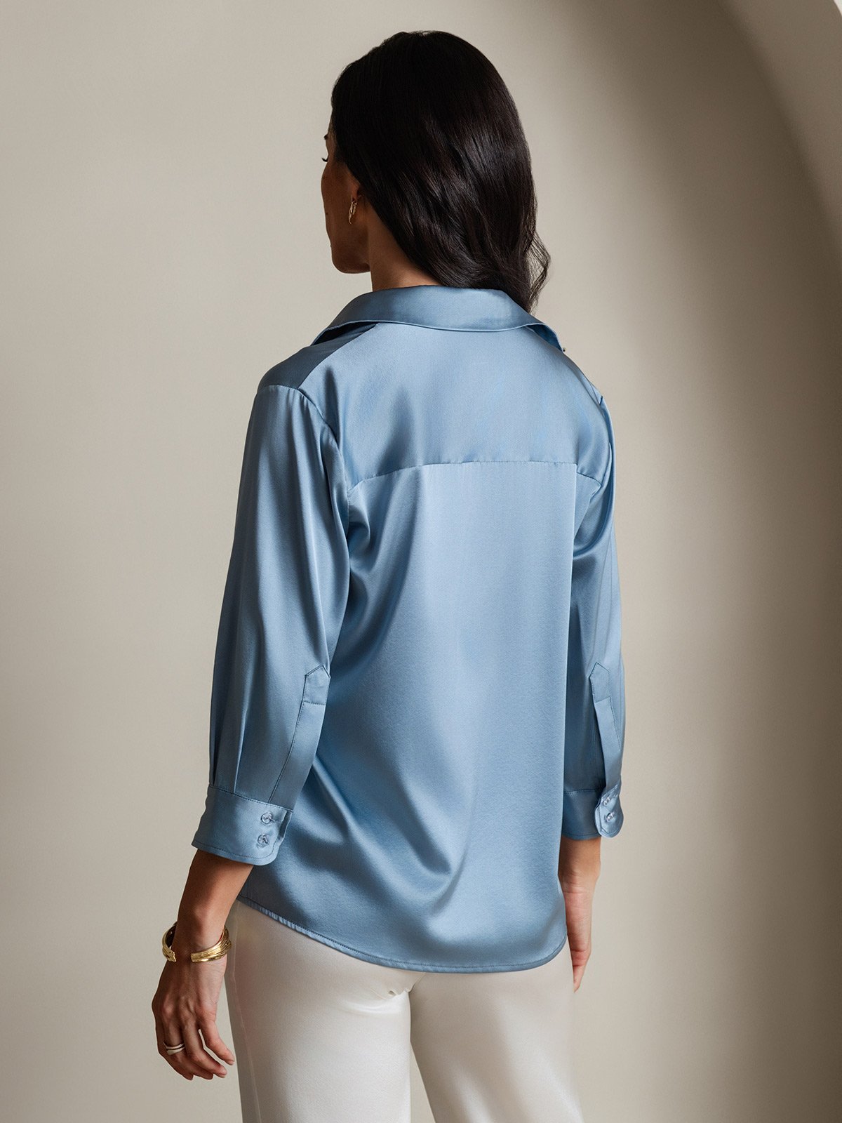 [Grayish Blue] SilkSilky-AU 19Momme Stretch Silk Charmeuse 3/4 Sleeve Lapel Collar Women's Shirt 002