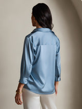 [Grayish Blue] SilkSilky-AU 19Momme Stretch Silk Charmeuse 3/4 Sleeve Lapel Collar Women's Shirt 002