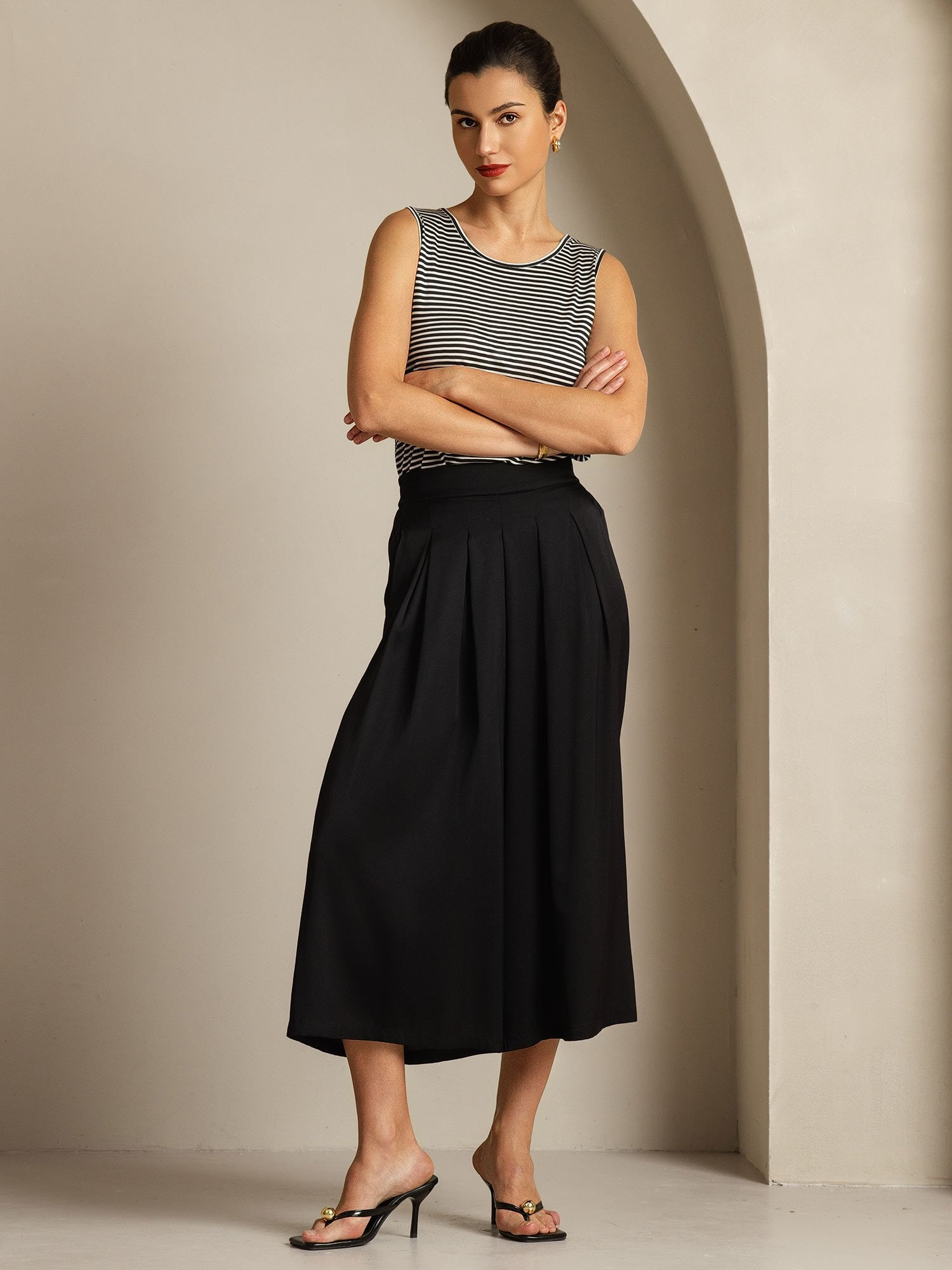 [White Stripe] SilkSilky-AU Pure Silk Sleeveless Round Neck Camisole 007