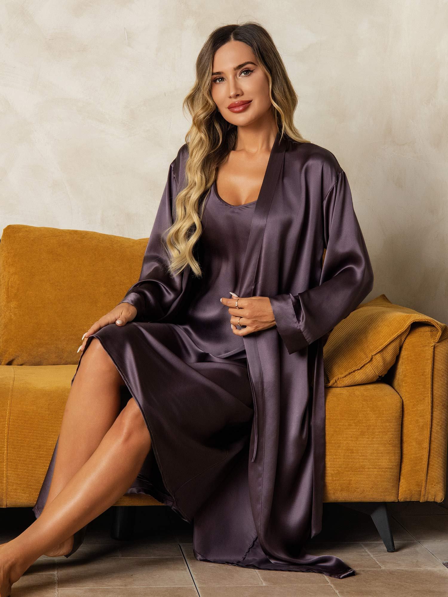 [PurpleGray] SilkSilky-AU Pure Silk V Neck Nightgown&Dressing Gown Set 008