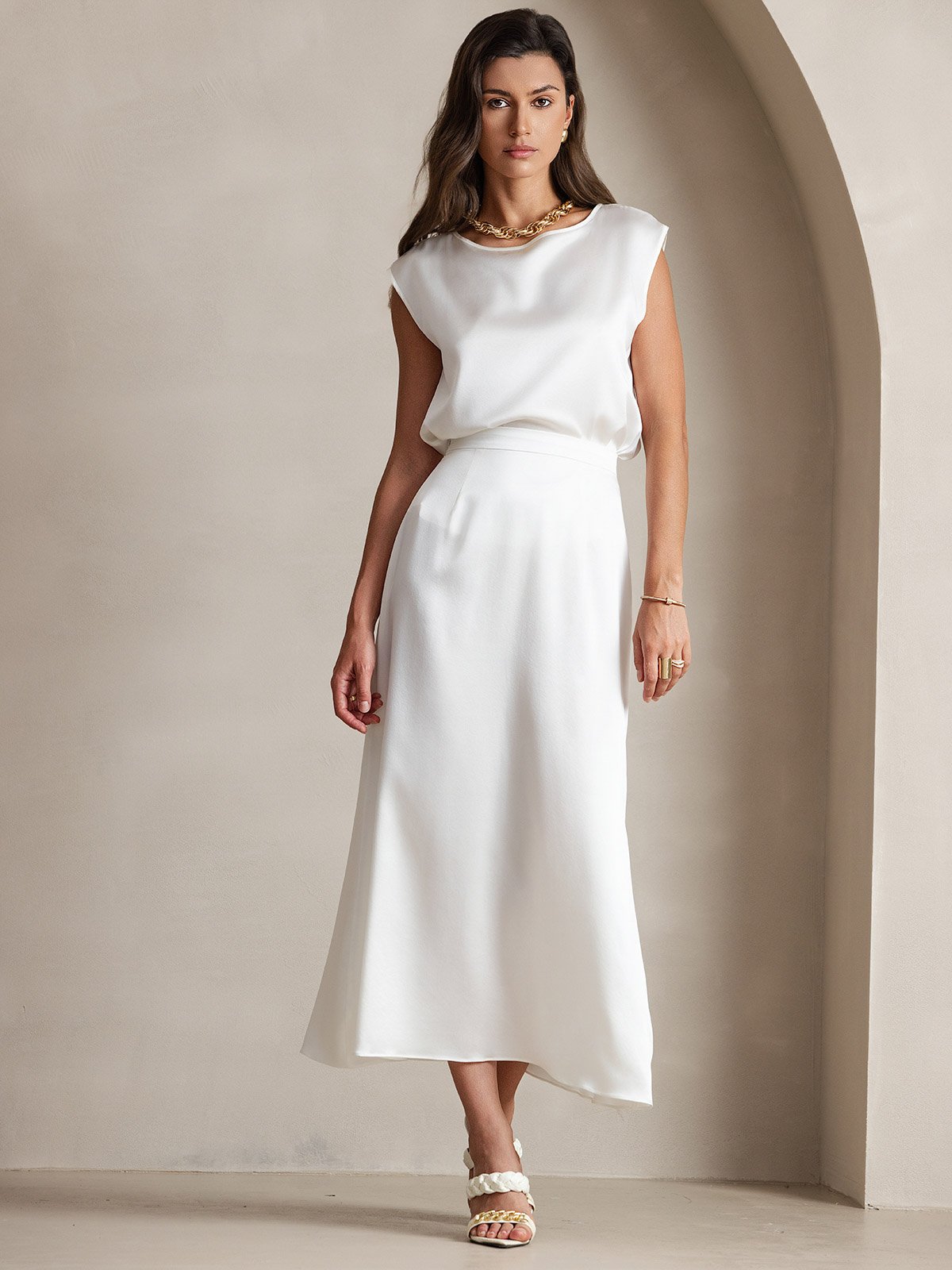 [White] SilkSilky-AU 19Momme Silk Round Neck Women's T-Shirt 005