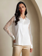 [White] SilkSilky-AU 19Momme Silk Lapel Collar Women's Shirt 004,