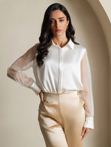 [White] SilkSilky-AU 19Momme Silk Lapel Collar Women's Shirt 003,