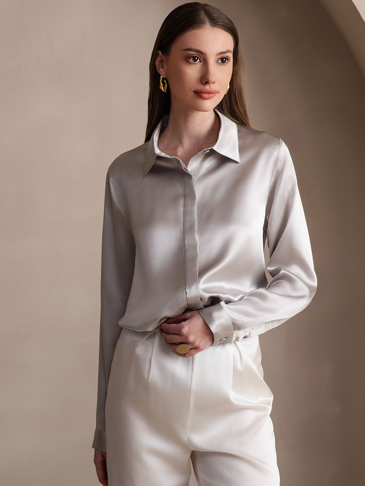 [Light Gray] SilkSilky-AU 19Momme Silk Long Sleeve Lapel Collar Women's Shirt 001