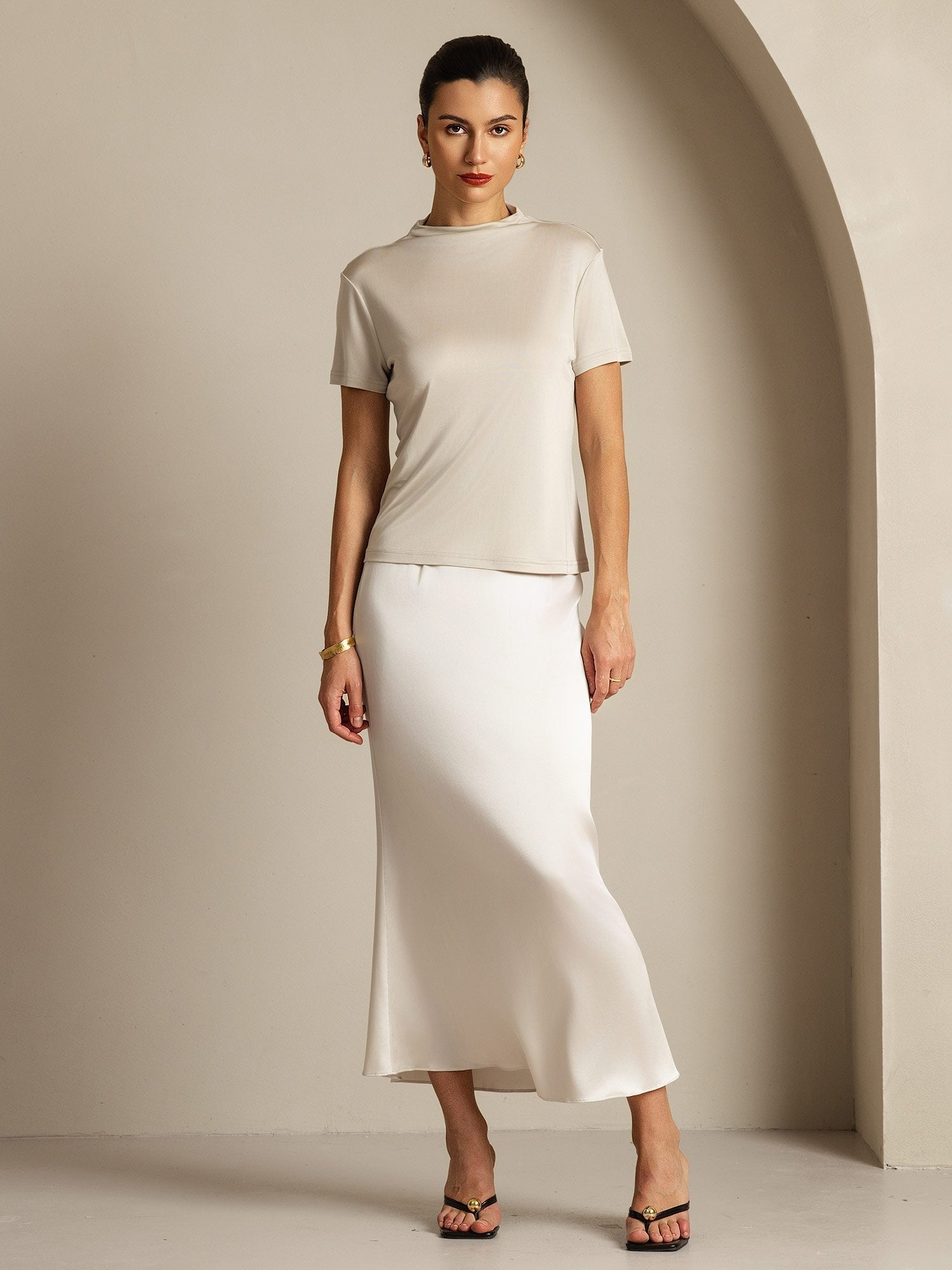 [Gray] SilkSilky-AU Pure Silk Collar Women's T-Shirt 008