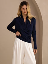 [Dark Blue] SilkSilky-AU Long Sleeve Wrap Women's Blouse 004