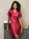 SilkSilky AU Pure Silk Short Sleeve V Neck Nightgown Wine 004