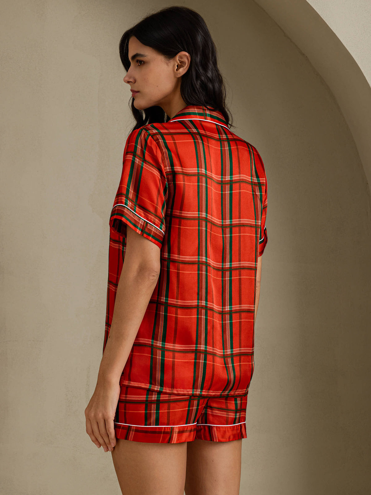 [Red Plaid] SilkSilky-AU Short Sleeve Notch Collar Women's Pyjamas 002