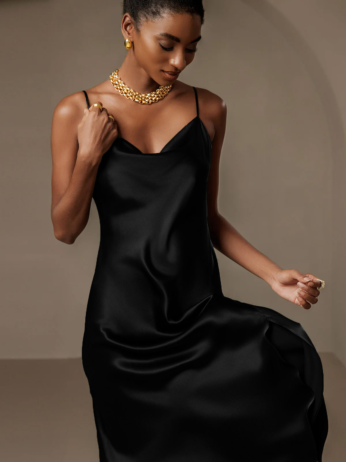 [Black] SilkSilky-AU 19Momme Pure Silk Cowl Neck Dress 006