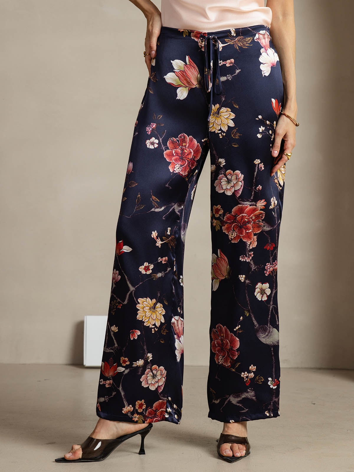 [Navy Floral] SilkSilky-AU 19Momme Silk Womens Pants 001