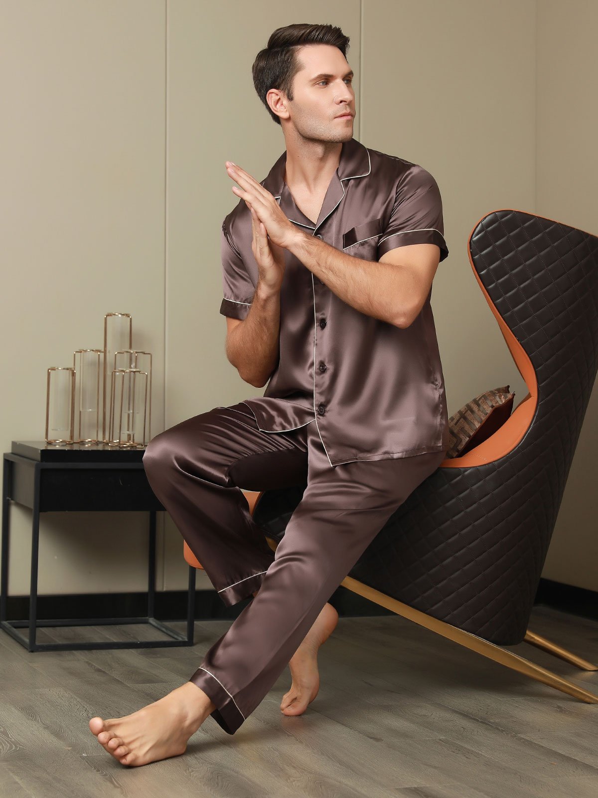 Men‘s Pure Silk Piping Trim Pajama Set 2Pcs