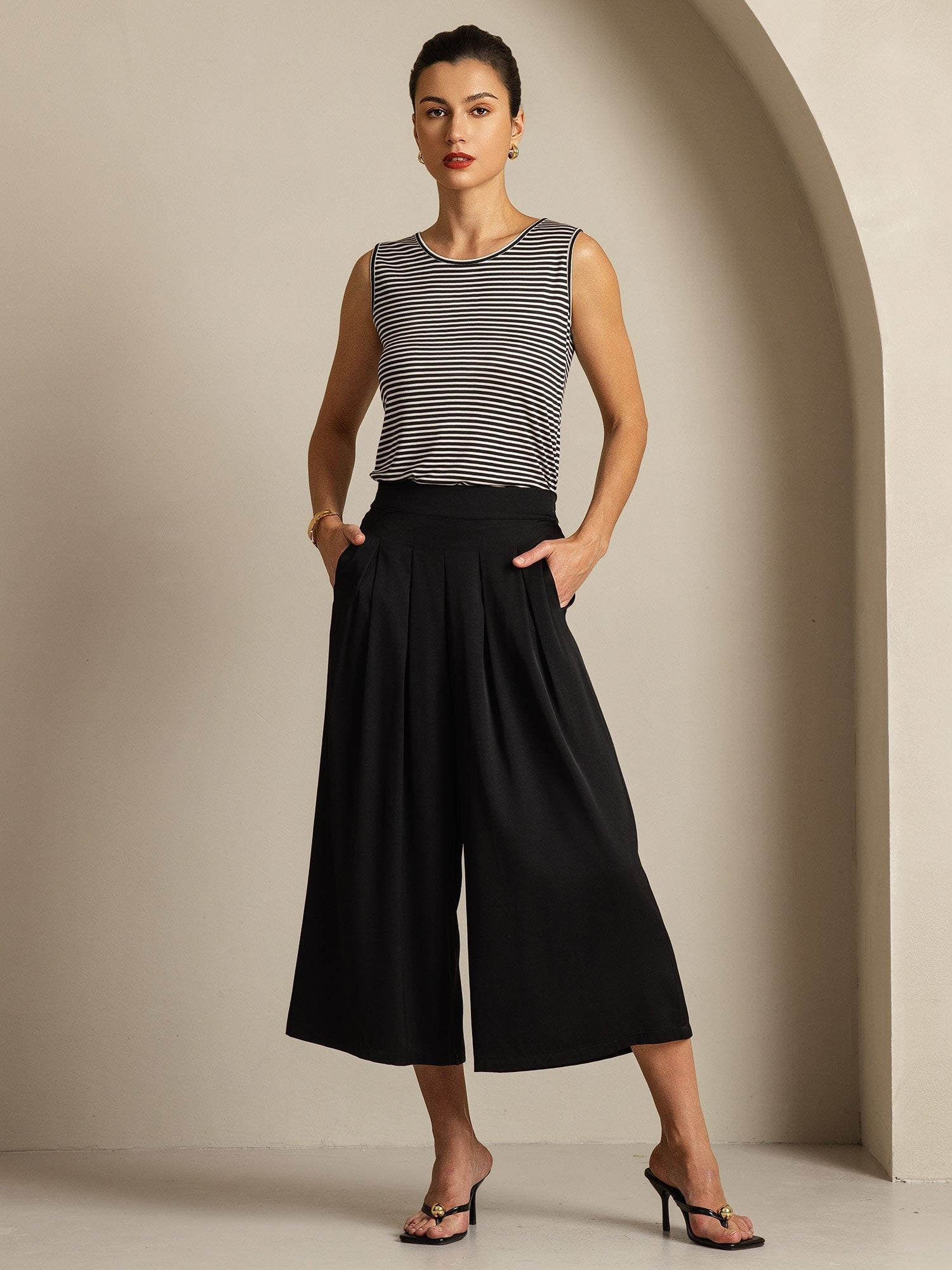 [White Stripe] SilkSilky-AU Pure Silk Sleeveless Round Neck Camisole 008