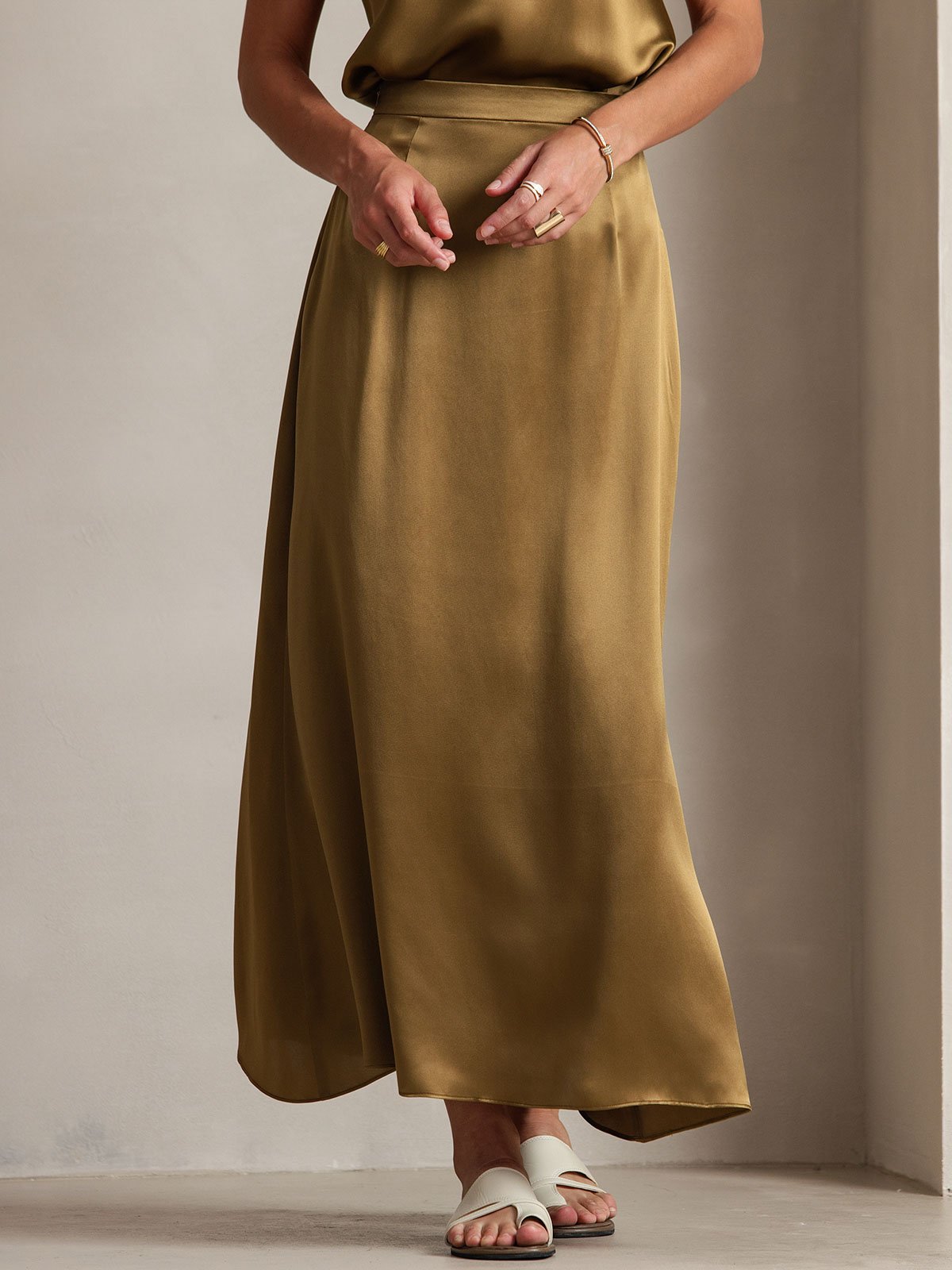 [Brown] SilkSilky-AU 19Momme Stretch Silk Charmeuse Skirt 003