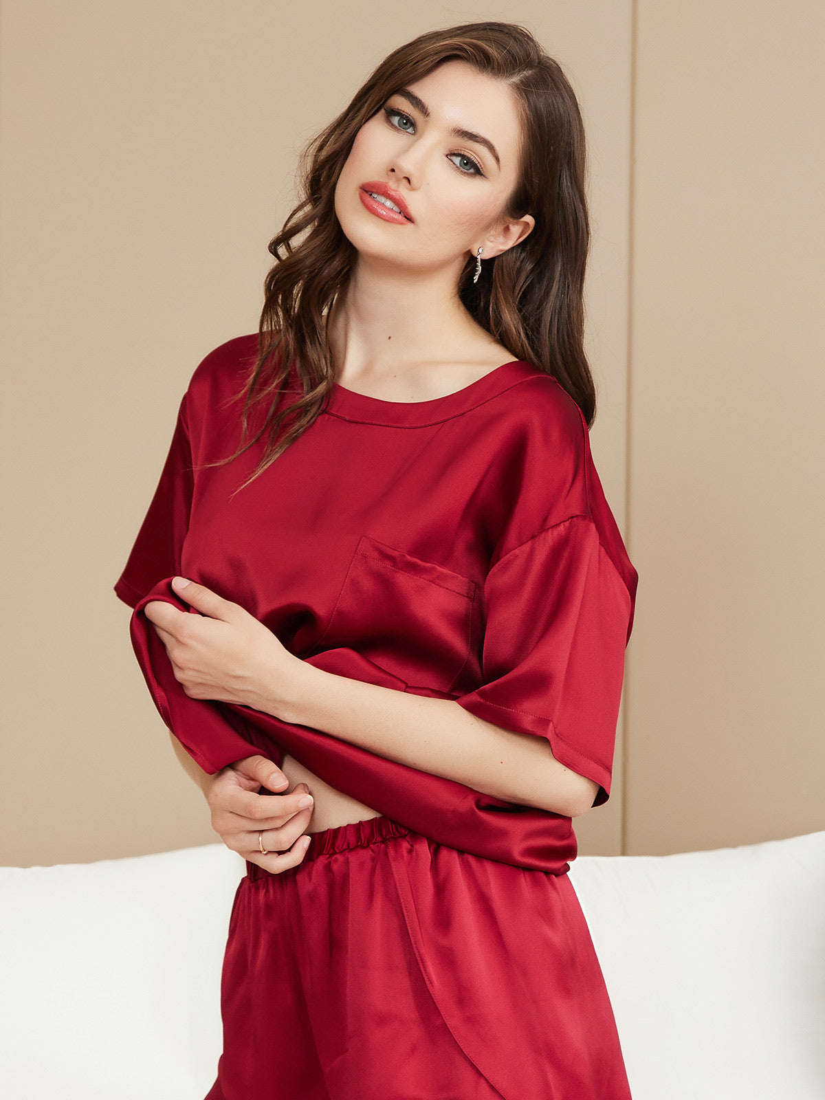 SilkSilky AU Pure Silk Short Sleeve Round Neck Women's Pyjamas Wine 003