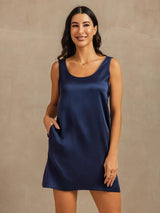 [Dark Blue] SilkSilky-AU 19Momme Machine-Washable Silk Sleeveless Scoop Neck Nightgown 003