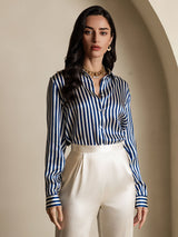 [Navy Stripe] SilkSilky-AU Long Sleeve Lapel Collar Women's Shirt 004