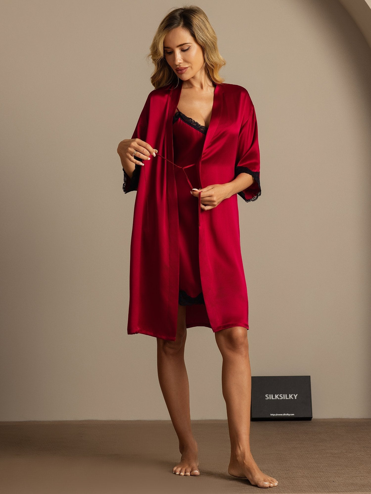 [Wine] SilkSilky-AU Pure Silk V Neck Nightgown&Dressing Gown Set 008
