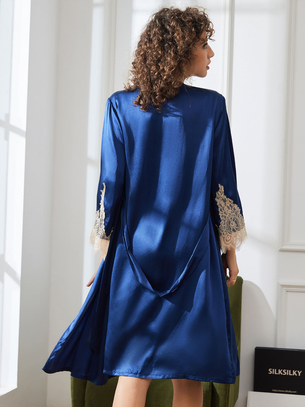 SilkSilky AU Pure Silk 3/4 Sleeve Nightgown&Robe Set DarkBlue 002