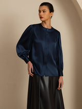 [Dark Blue] SilkSilky-AU 19Momme Long Sleeve Round Neck Blouse 005