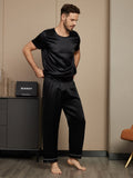 SilkSilky AU Pure Silk Short Sleeve Round Neck Men's Pyjamas Black 004