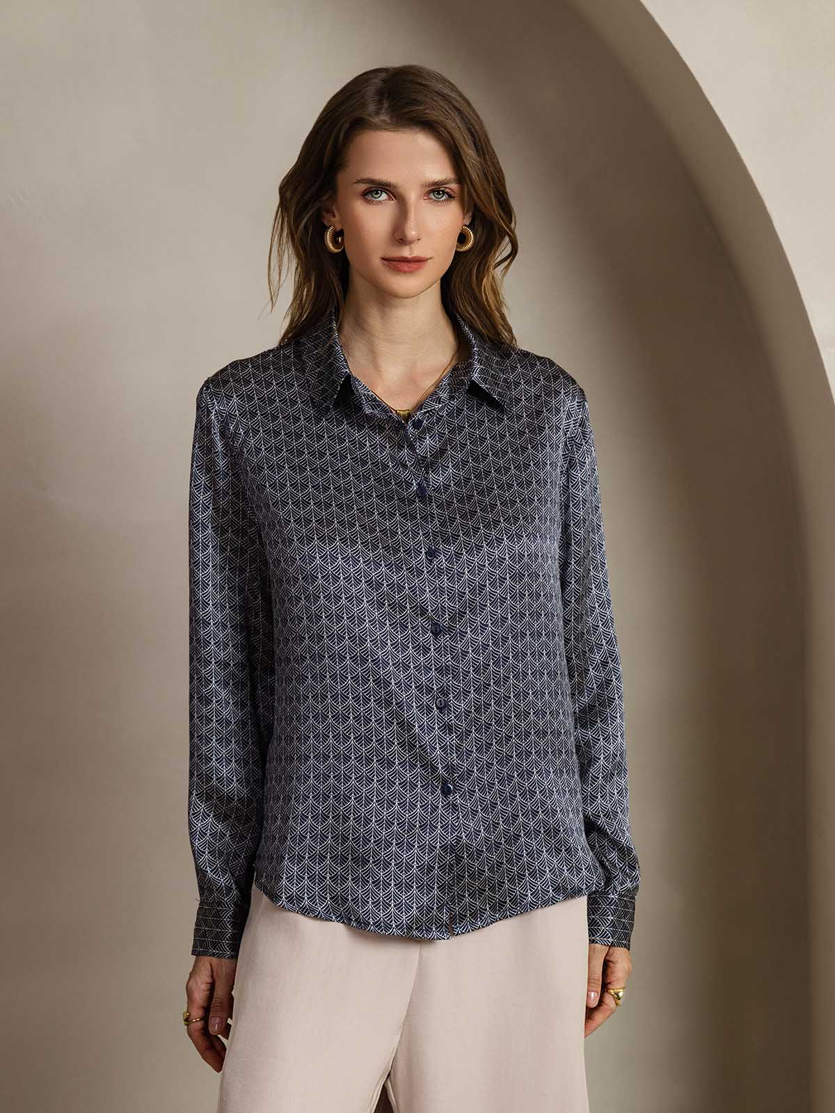 [Navy Ginkgo] SilkSilky-AU Silk Long Sleeve Lapel Collar Women's Shirt 001