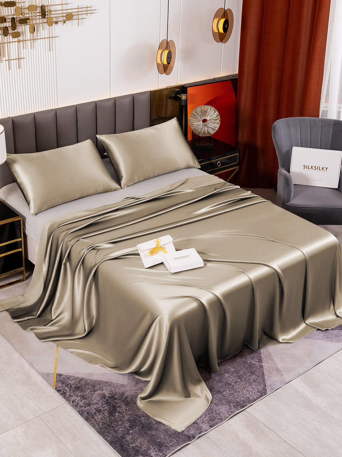 SilkSilky AU 19Momme Pure Silk Bedding Set Khaki 001