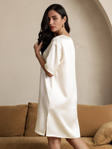 [Beige] SilkSilky-AU Half Sleeve V Neck Nightgown 002