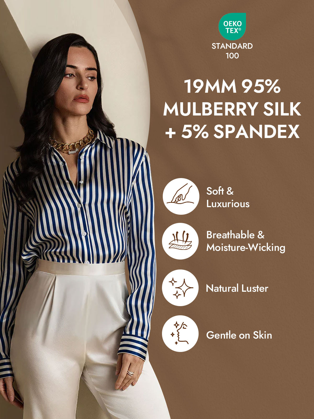 [Navy Stripe] SilkSilky-AU Silk Long Sleeve Lapel Collar Women's Shirt 004