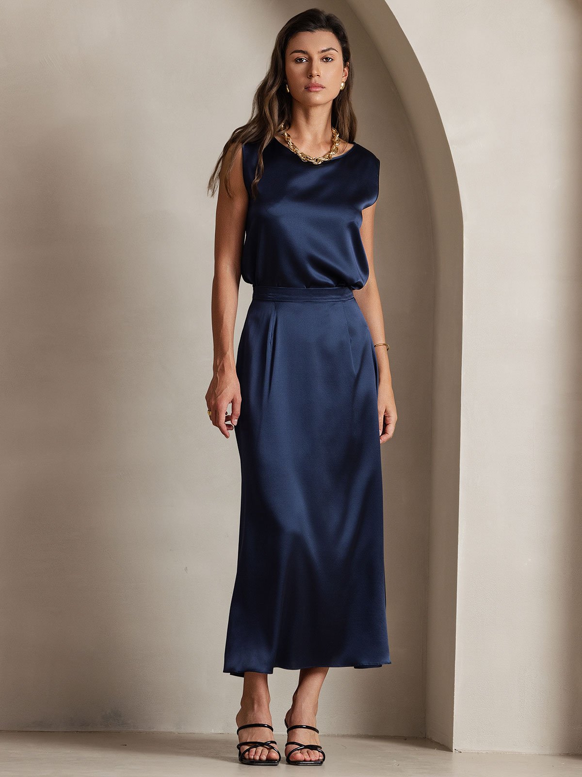 [Dark Blue] SilkSilky-AU 19Momme Stretch Silk Charmeuse Skirt 006