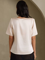 [Beige] SilkSilky-AU Short Sleeve Cowl Neck Women's Blouse 002