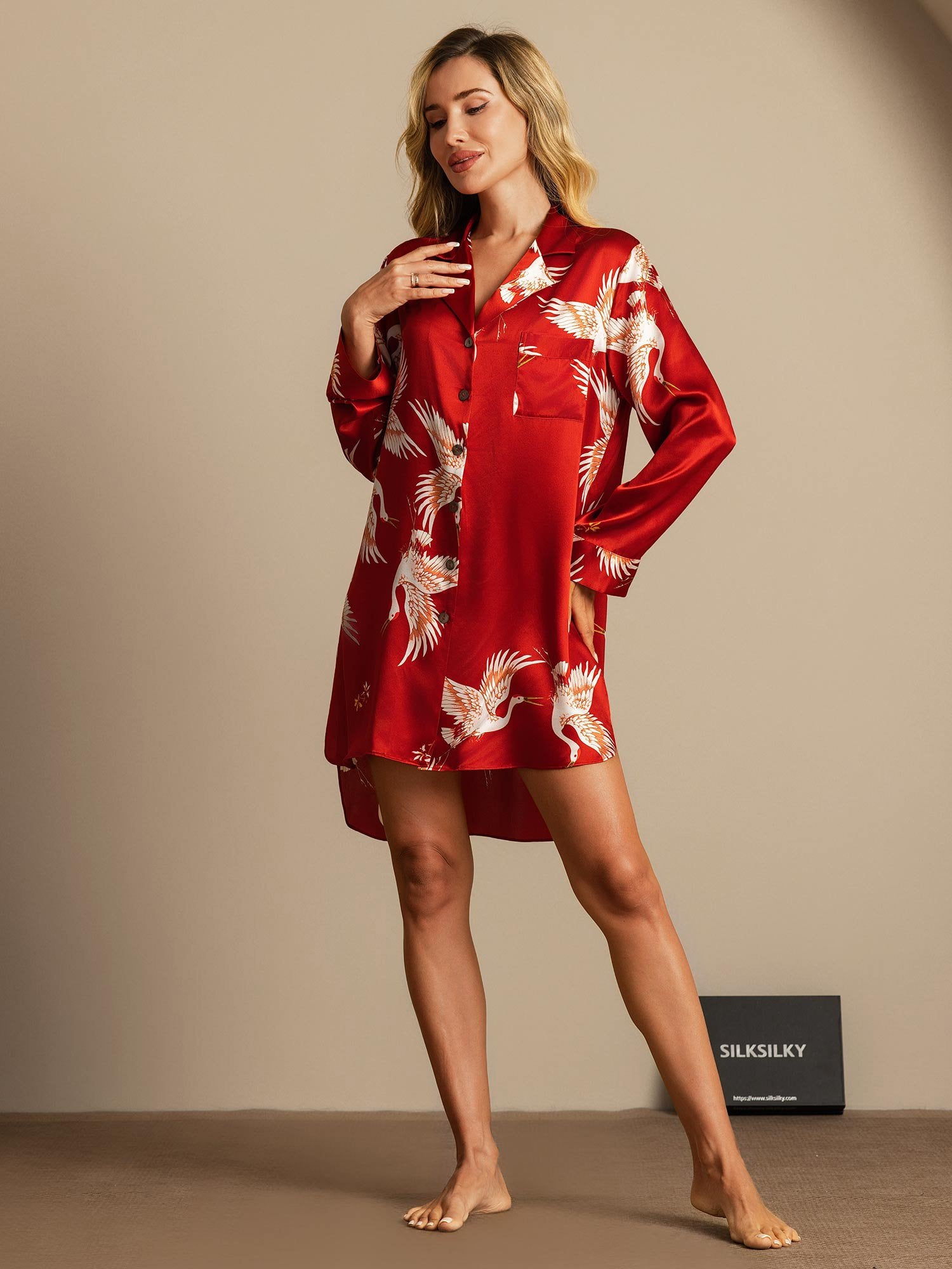 [DarkRed] SilkSilky-AU 19Momme Pure Silk Split Nightshirt 006