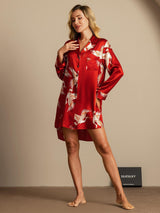 [Dark Red] SilkSilky-AU 19Momme Long Sleeve Notch Collar Nightshirt 006