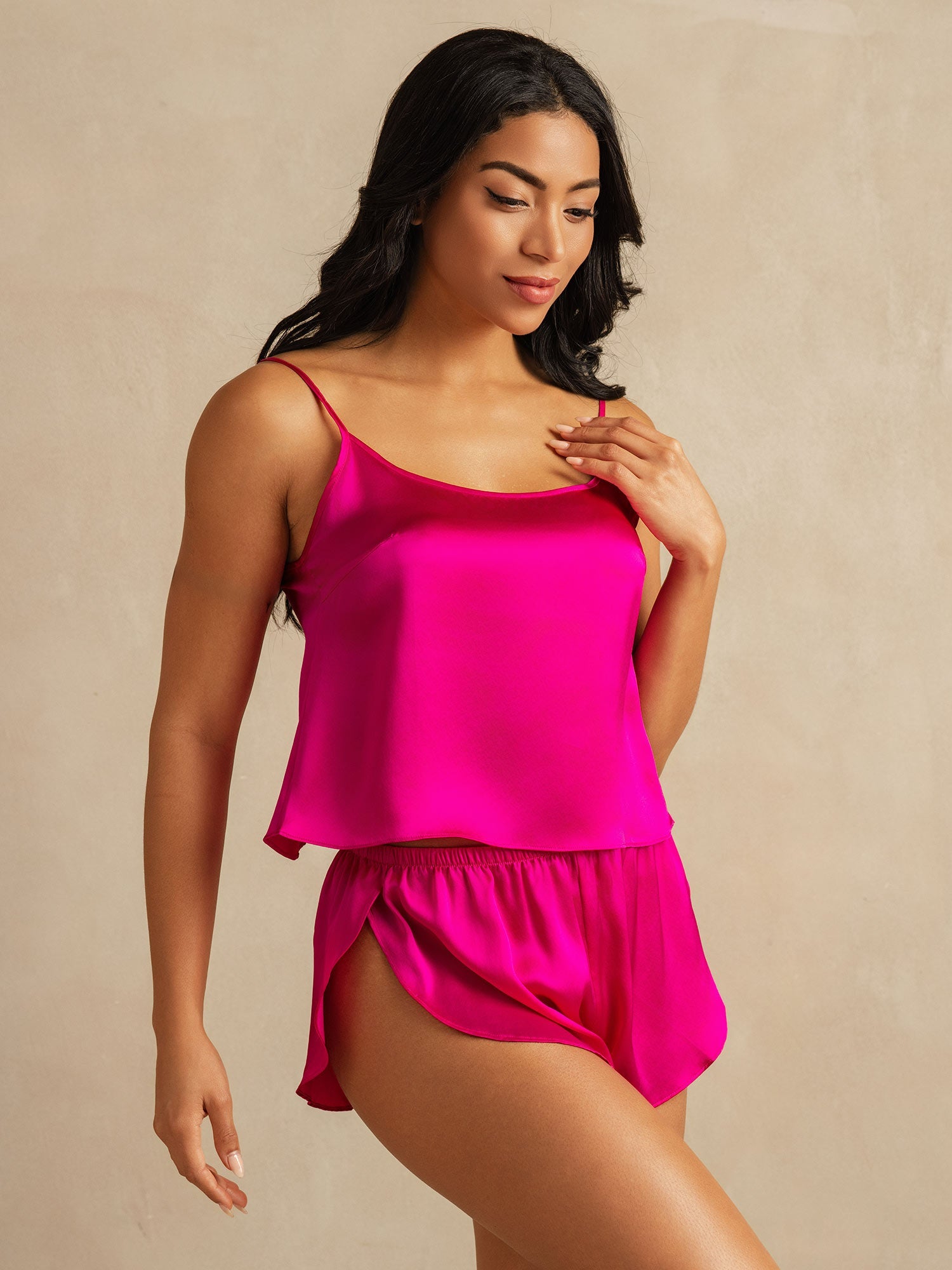 [Rose Red] SilkSilky-AU Pure Silk Round Neck Camisole Set 003
