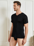 SilkSilky-AU Silk Knitted Short Sleeve V Neck Men's T-Shirt Black 003