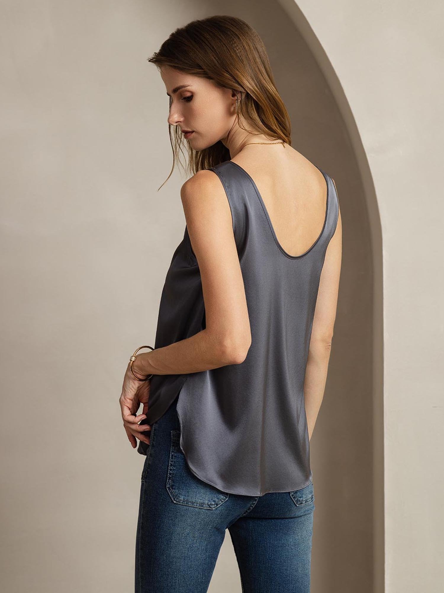 [DarkGray] SilkSilky-AU 19Momme Silk U Neck Women's T-Shirt 003