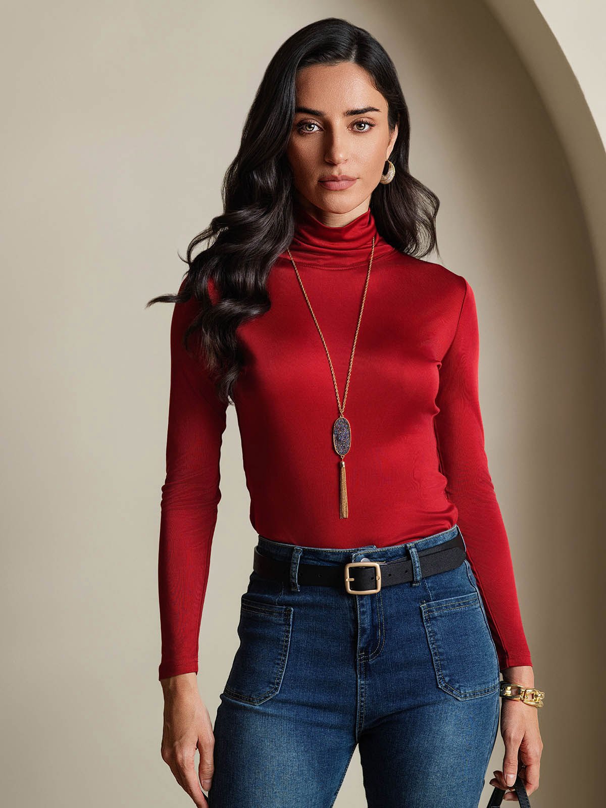 [Wine] SilkSilky-AU Silk Jersey Long Sleeve Turtle Neck Women's T-Shirt 001