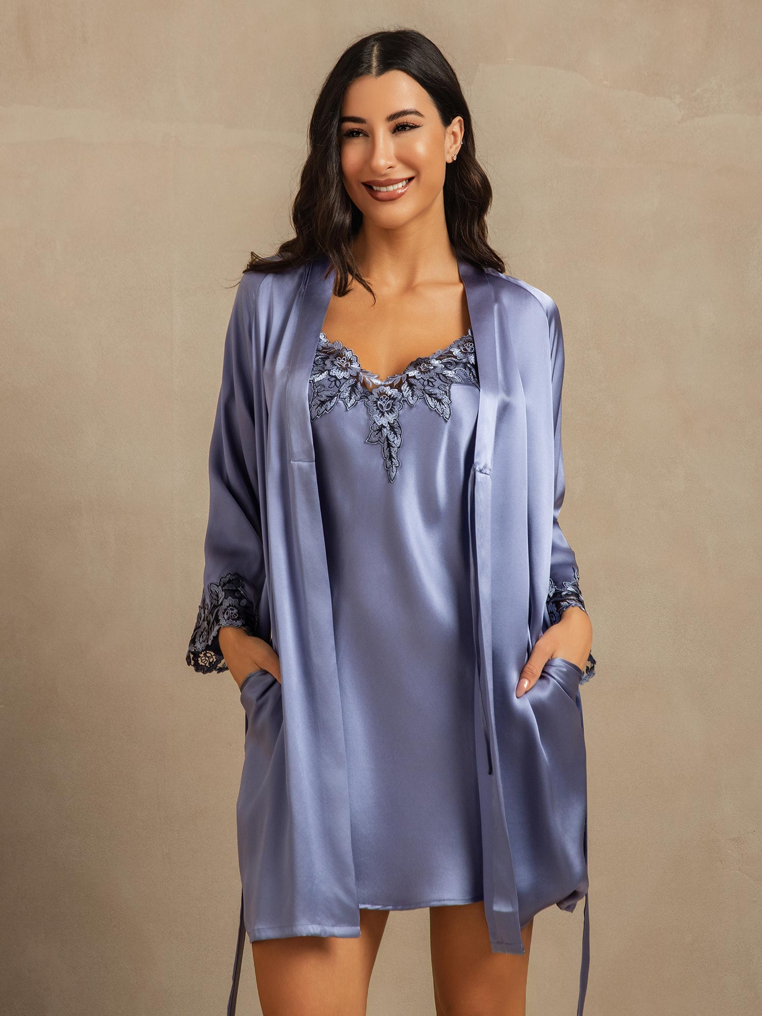 [Steel Blue] SilkSilky-AU Pure Silk 3/4 Sleeve V Neck Nightgown&Dressing Gown Set 007