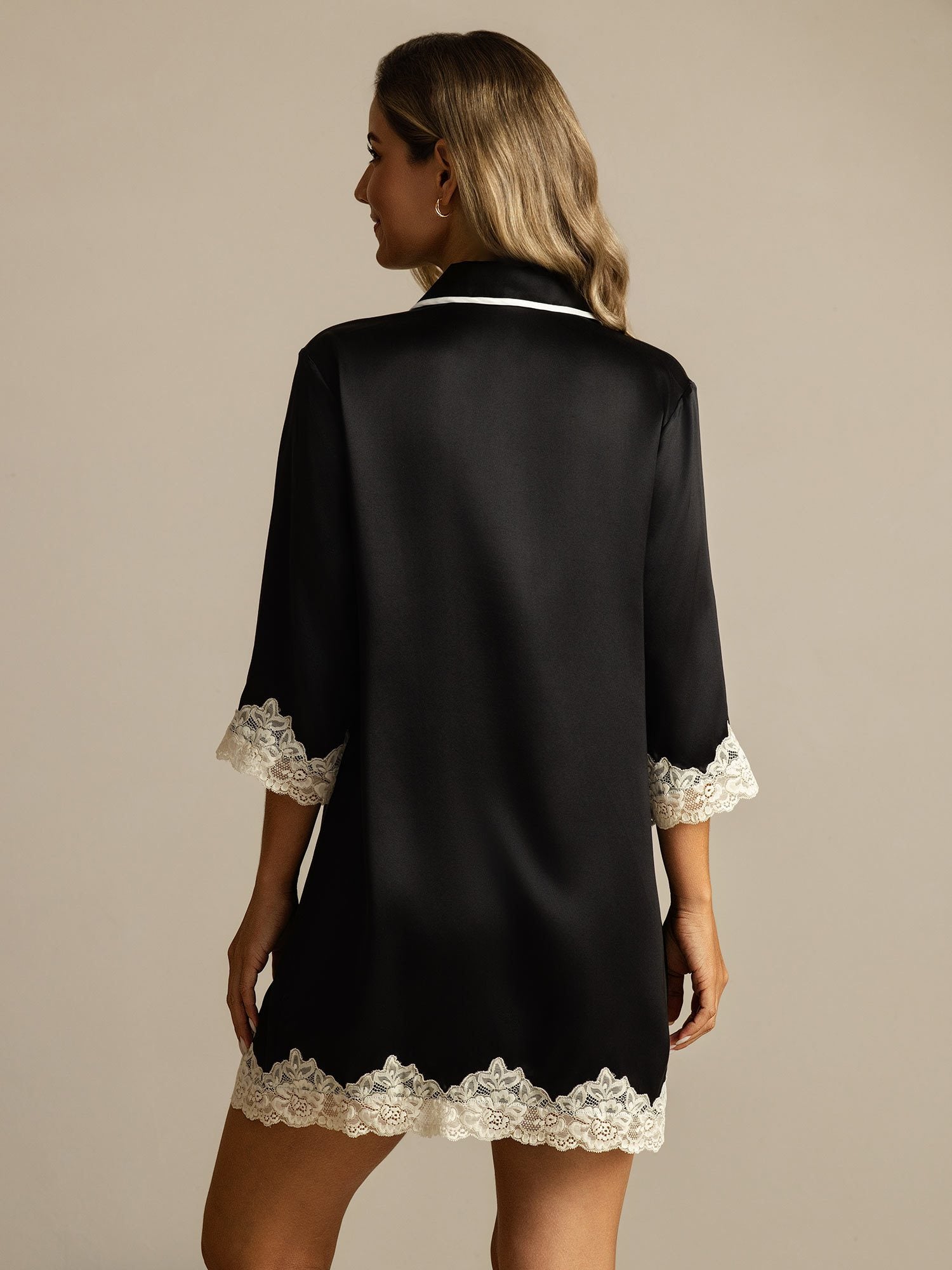 [Black] SilkSilky-AU Pure Silk Lapel Collar Nightshirt 002