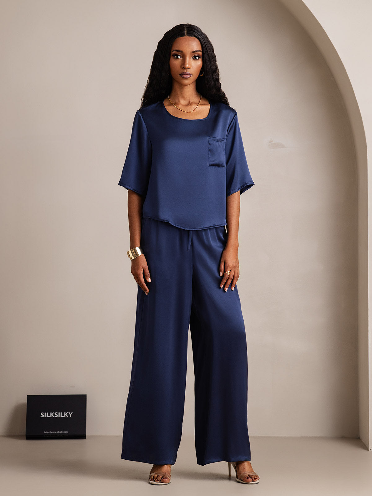 [Dark Blue] SilkSilky-AU Pure Silk Round Neck Women's Pyjamas 005
