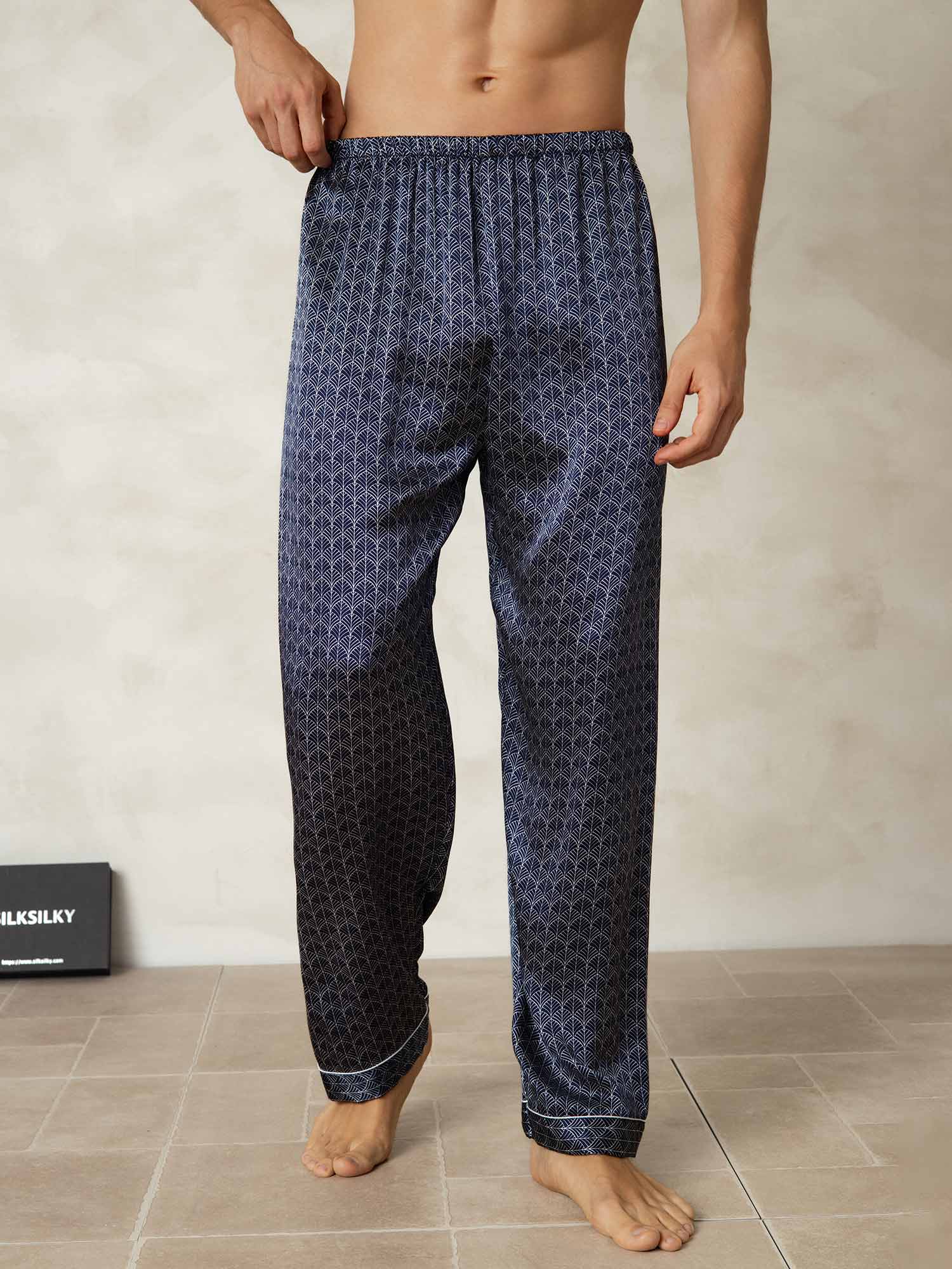 [Navy Ginkgo] SilkSilky-AU Pure Silk Mens Sleep Bottoms 001
