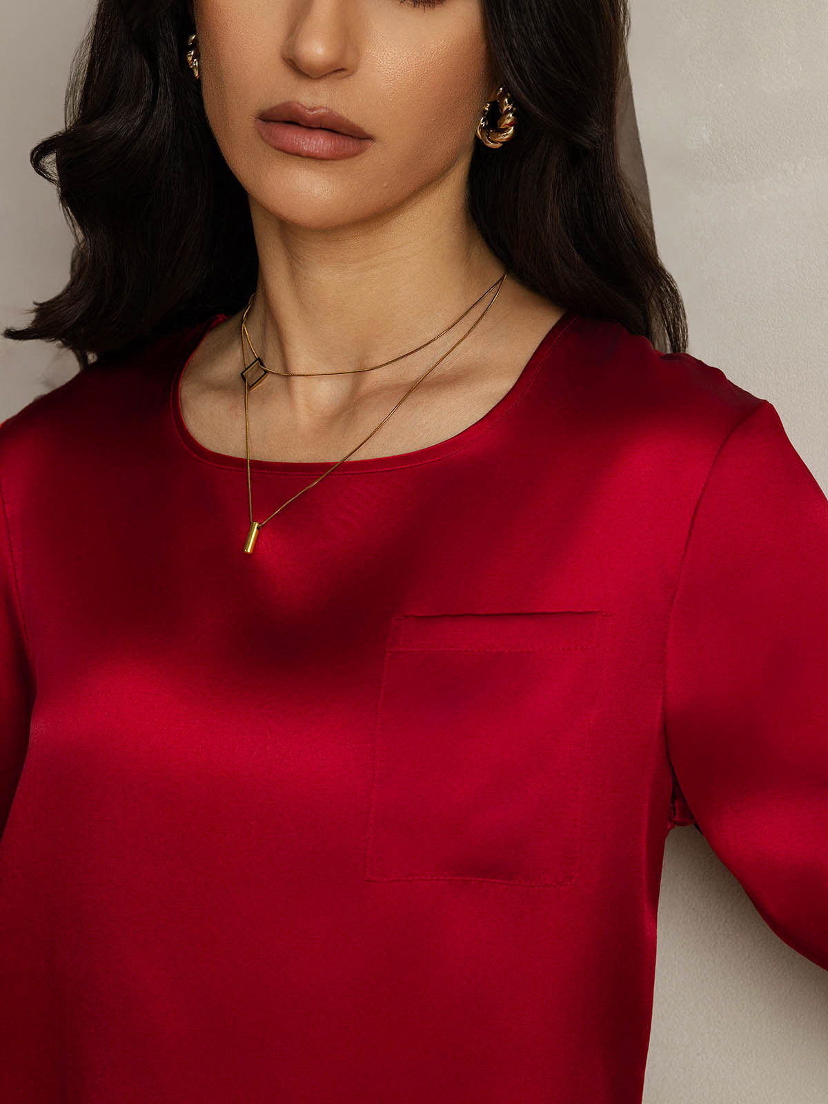 [Dark Red] SilkSilky-AU Pure Silk Boat Neck Women's T-Shirt 004